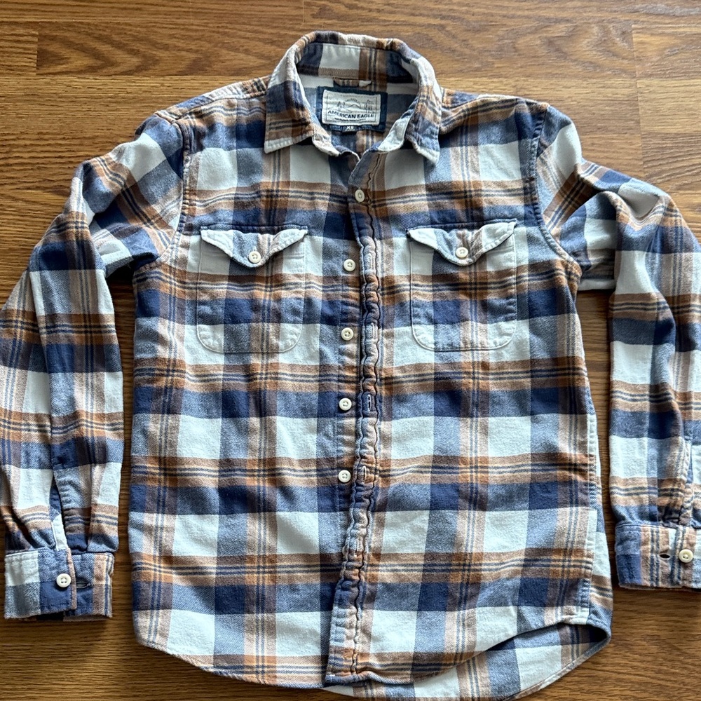 American Eagle Outfitters Blue and Brown Plaid Shirt